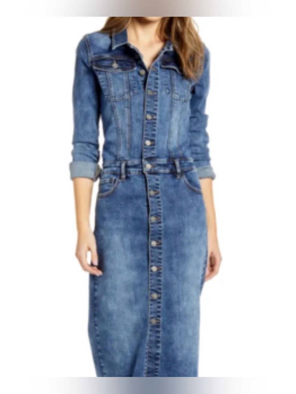 Wash Lab Denim Midi Long Sleeve Button Front Jean Dress, Small, Stretch